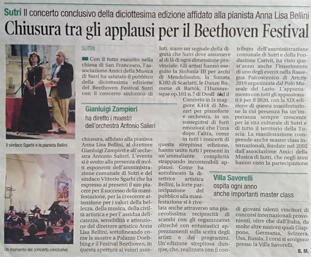 Scopri di più sull'articolo Concerto di chiusura del Beethoven Festival Sutri 2019, alla presenza del Sindaco di Sutri Prof. Vittorio Sgarbi – CORRIERE DI VITERBO 6 agosto 2019