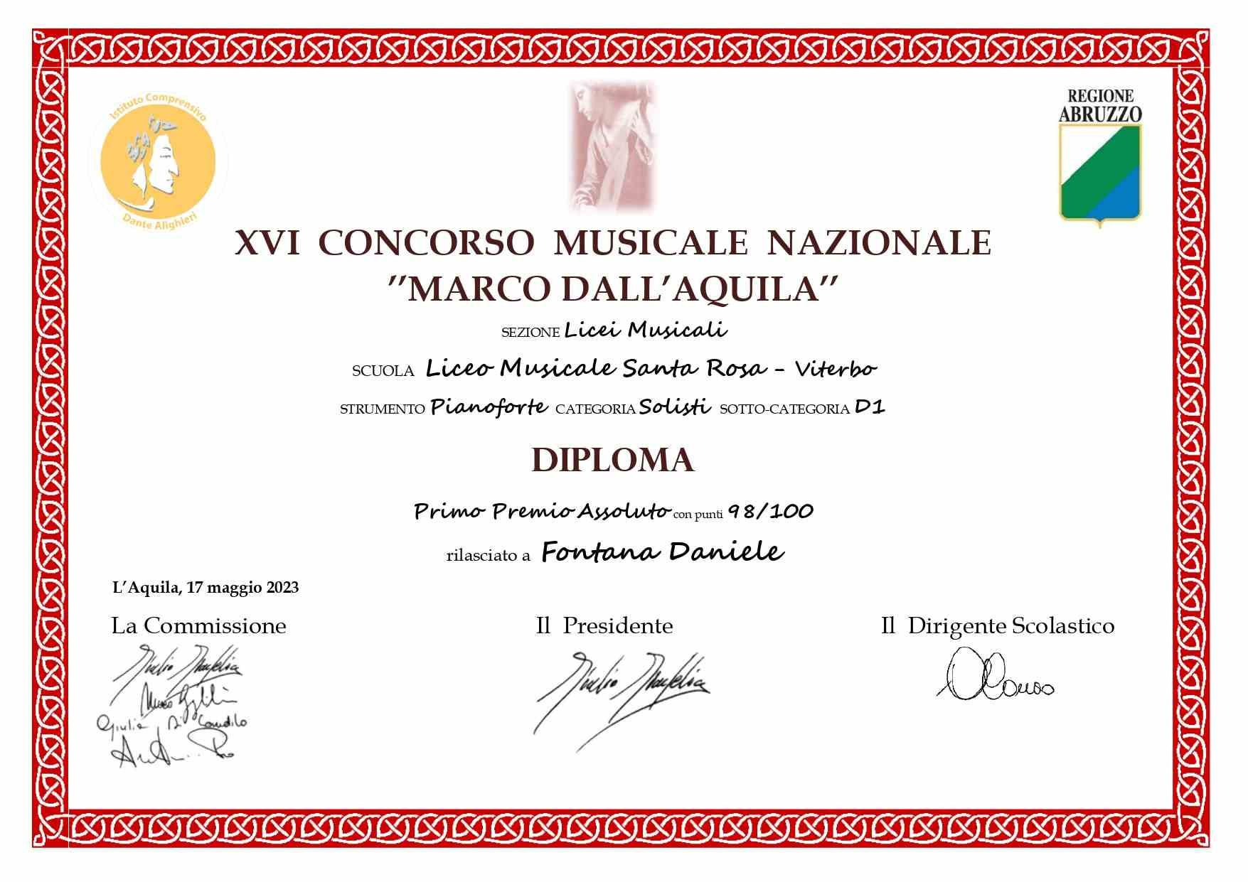 I premio assoluto pianoforte Concorso Marco Dall'Aquila