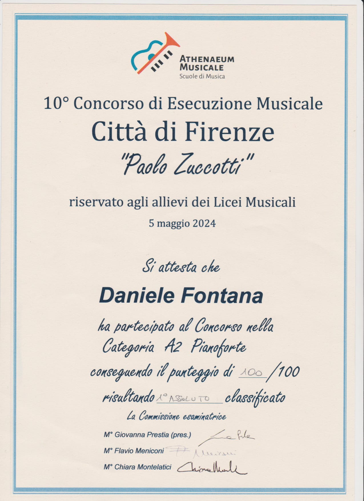 Scopri di più sull'articolo Daniele FONTANA 1° premio assoluto – 10° Concorso Musicale Zuccotti ” Città di Firenze” – 2024