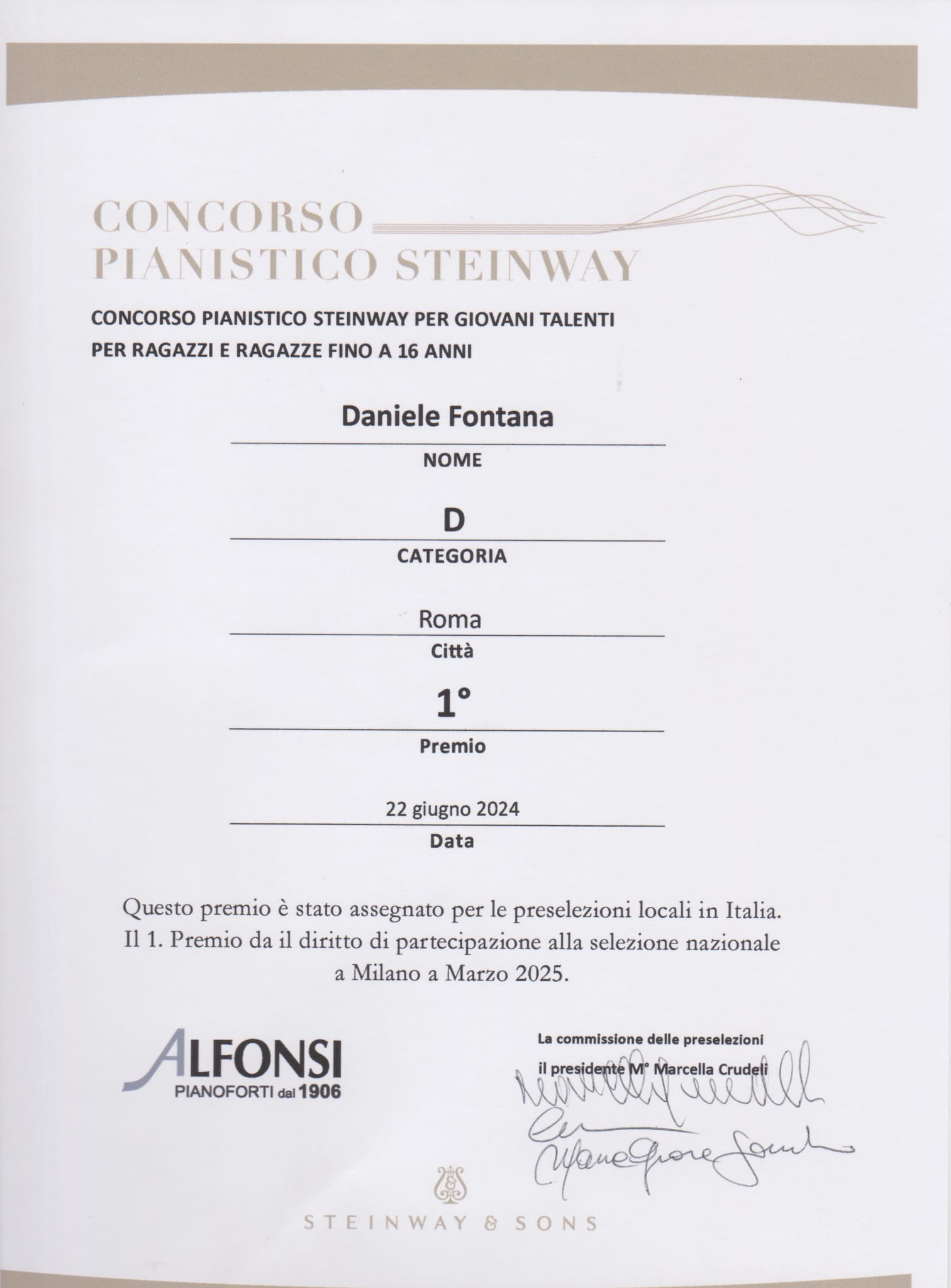 Read more about the article Daniele FONTANA – First Prize – Rome preselection – Piano Competition Young Talents Steinway – 2024