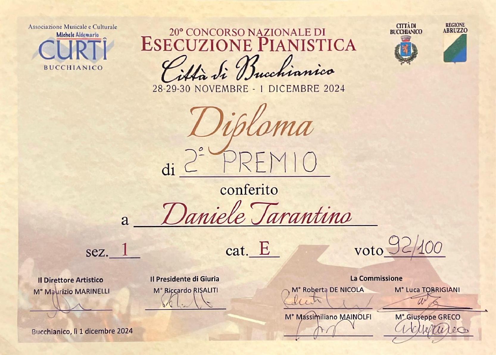 Scopri di più sull'articolo Daniele TARANTINO Secondo premio- 20° Concorso Nazionale di Esecuzione Pianistica “Città di Bucchianico” 2024  – BUCCHIANICO