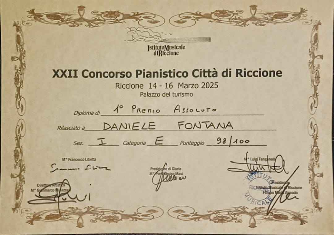 Scopri di più sull'articolo Daniele FONTANA 1° Premio assoluto – XXII Concorso Pianistico “Città di Riccione” – RICCIONE 2025
