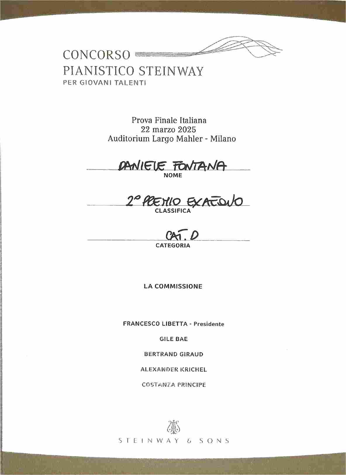 Scopri di più sull'articolo Daniele FONTANA – Secondo Premio – Finale Italiana del Concorso Pianistico Steinway per giovani talenti 2025 – MILANO