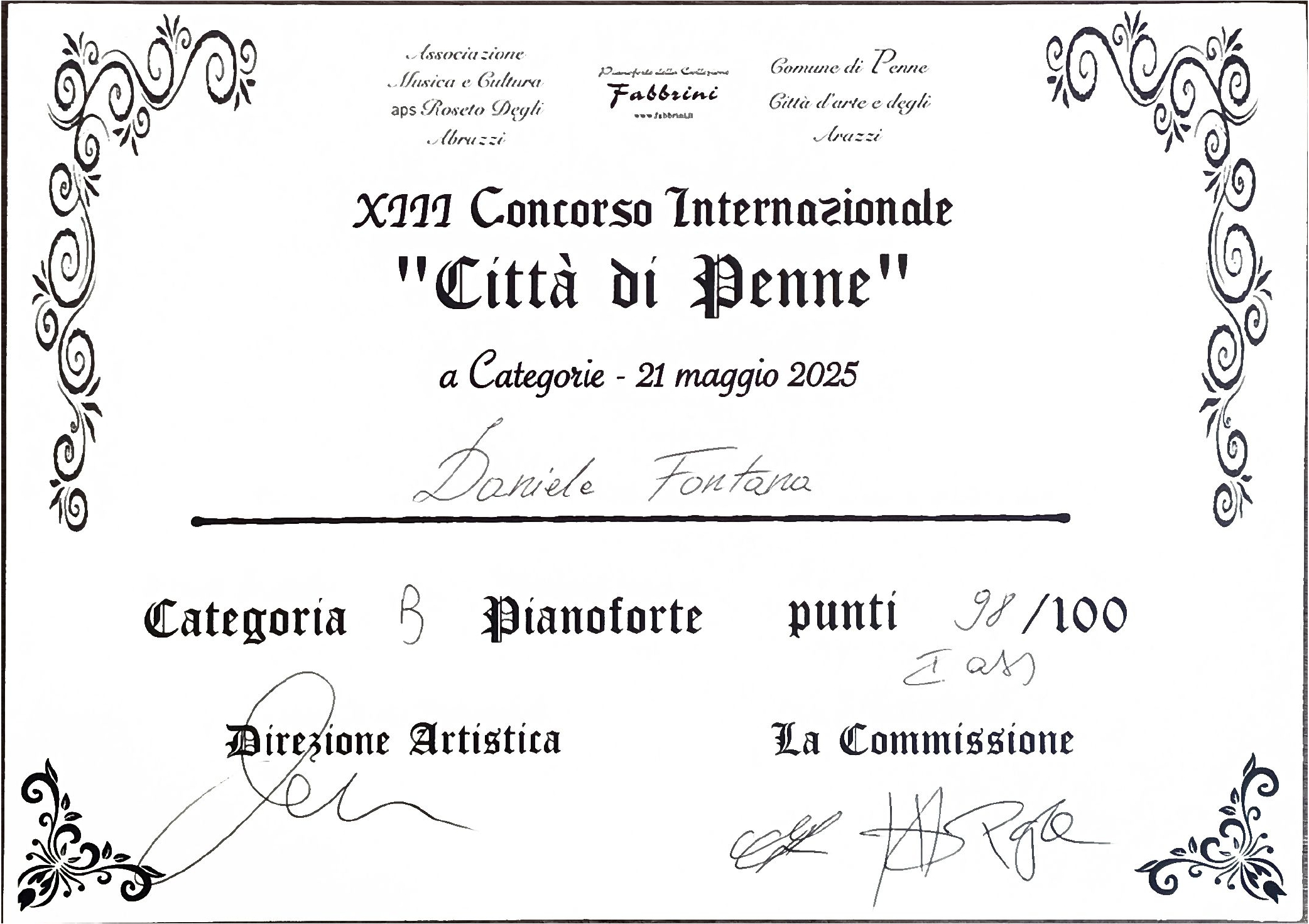 Scopri di più sull'articolo Daniele FONTANA – Primo premio assoluto – XIII Concorso Internazionale “Città di Penne” 2025 – PENNE (PE)