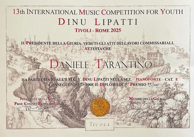 Scopri di più sull'articolo Daniele TARANTINO Secondo premio – 13°International Music Competition for Youth DINU LIPATTI 2025  – TIVOLI