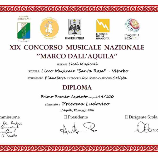 Ludovico PRECOMA Primo premio assoluto – XIX Concorso Musicale Nazionale ” Marco Dall’Aquila” 2026 – L’AQUILA
