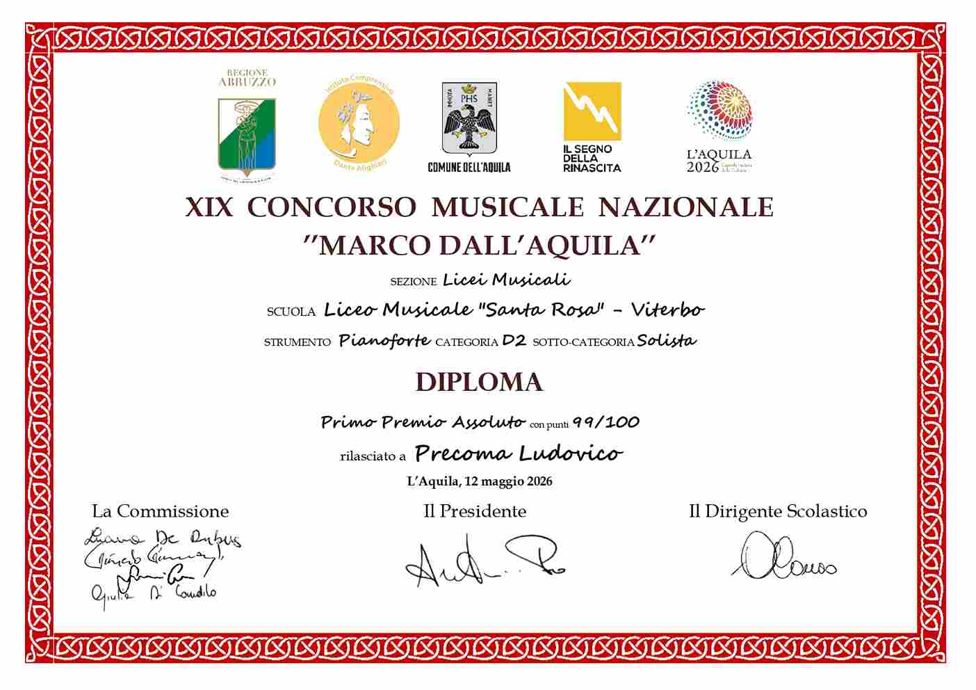 Scopri di più sull'articolo Ludovico PRECOMA Primo premio assoluto – XIX Concorso Musicale Nazionale ” Marco Dall’Aquila” 2026 – L’AQUILA