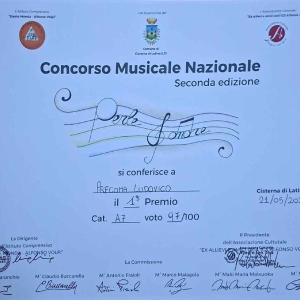 Ludovico PRECOMA Primo premio – Concorso Musicale Nazionale ” Perle Sonore” seconda edizione 2026 – CISTERNA DI LATINA (LT)