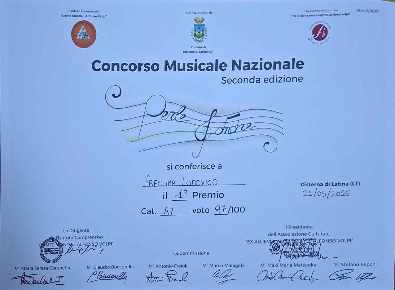 Scopri di più sull'articolo Ludovico PRECOMA Primo premio – Concorso Musicale Nazionale ” Perle Sonore” seconda edizione 2026 – CISTERNA DI LATINA (LT)
